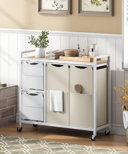 HOOBRO Laundry Sorter with 4 Section, 34 Gal. (127 L) Laundry Hamper with Wheels, Rolling Laundry Basket with Shelves, Pull-Out Detachable Bags, Side Pockets, White, Natural and Beige WNE14XY01N1 - color: White + Natural + Beige