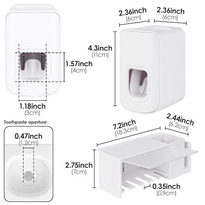 5 Slots Wall Mount Toothbrush Holder with Cover, Self Adhesive Toothbrush Storage Organizer for Shower, Toothbrush Cup Hanger with Automatic Toothpaste Squeezer Dispenser (White) - color: White Combination