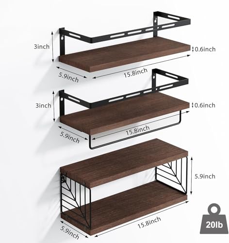 TOMNK 3+1 Tier Wall Mounted Bathroom Shelves Over Toilet, Rustic Wood Floating Shelves with Metal Frame and Towel Bar for Bathroom, Kitchen, Bedroom, Living Room (Dark Brown)
