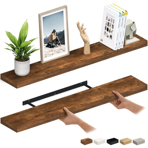 Ballucci Floating Shelves for Wall, 48" Wood Wall Shelf Set of 2, with Invisible Brackets for Bathroom, Living Room, Bedroom, Kitchen, Nursery, 8" Deep, Rustic Brown - color: Rustic Brown, size: 47.2 inches