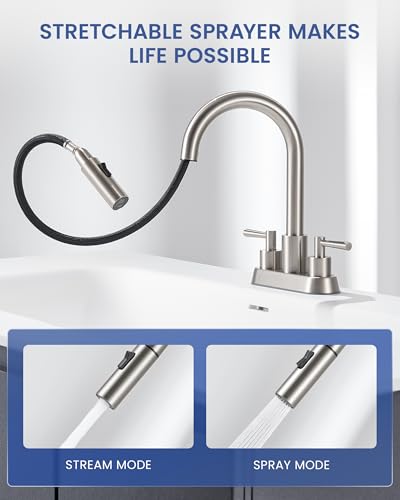 Bathroom Sink Faucet with Pull Out Sprayer - 4 Inch Lead-Free Bathroom Faucets for 3 Hole Sink, Brushed Nickel 2 Handle Vanity Sink Faucet Bathroom with Pop Up Drain