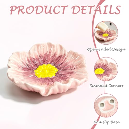 Ceramic Soap Holder with Flower Arrangements, Automatic-Draining Soap Tray for Bathroom Sink & Shower, Small Cute Elegant Glazed Holder, Easy to Clean（Rosy） - color: Rosy
