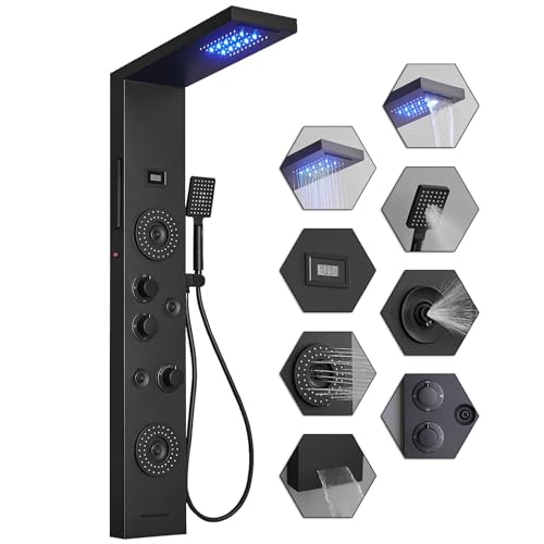 Black Shower Panel Tower System LED Rainfall Waterfall Head | 6 Functions,Rain Massage,Body Jets,Handheld Shower,Tub Spout,Temperature Display,Wall Mount, Stainless Steel Shower Panel - color: Matte Black, style: Shower Panel-LED