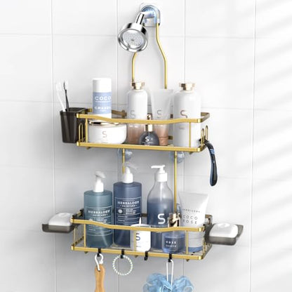 Hanging Shower Caddy Over Shower Head - No Drill Rustproof Shower Rack | Includes Soap Holder and Hooks for Shampoo, Conditioner, and Bathroom Essentials with Stable Storage in Any Shower Space - color: Gold