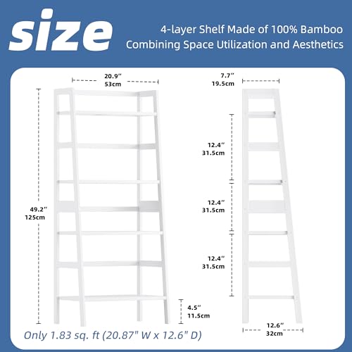HITNET White Ladder Bookshelf, Leaning Bookcase, 4-Tier Bamboo Shelf, Floor Standing Storage Shelving Unit, Open Display Book Shelves - color: White