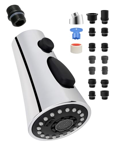 Universal Kitchen Faucet Head Replacement, 3 Modes, 15 Adapter Kit, Chrome | NSF/ANSI/CAN 372 Certified, Compatible with Kohler/Moen/Delta Faucet, 3 Function Pull Down Sink Faucet Spray Head G1/2 - color: Chrome