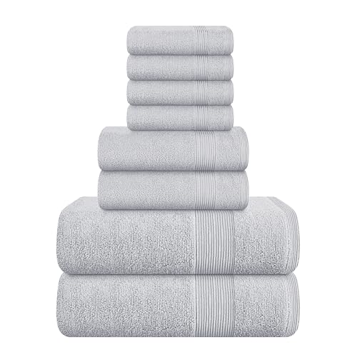 8 Piece Towel Set 100% Ring Spun Cotton, 2 Bath Towels 27x54, 2 Hand Towels 16x28 and 4 Washcloths 13x13 - Ultra Soft Highly Absorbent Machine Washable Hotel Spa Quality - Light Grey - color: Light Grey, size: 8 Piece Towel Set