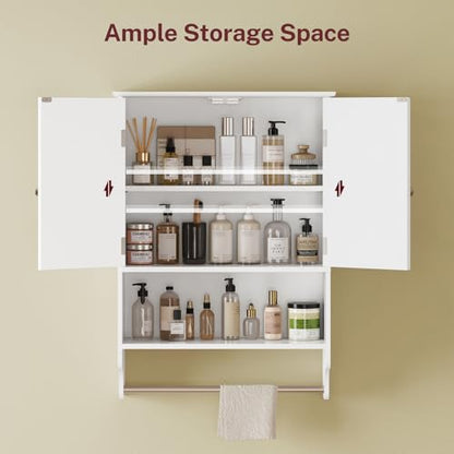 Medicine Cabinet with Adjustable Shelves and Towel Rack, Wall Mounted Bathroom Cabinet Over the Toilet Storage for Bathroom, Living Room, White - color: Unggx005w