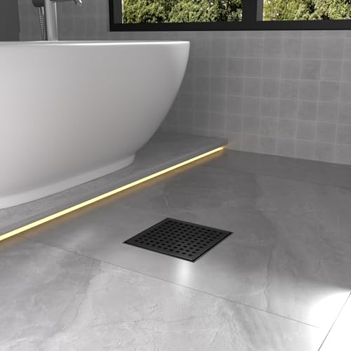 6 Inch Matte Black Square Shower Drain with Removable Grate | AISI 304 Stainless Steel Shower Drain, Shower Floor Drain with Hair Catcher & ABS Flange, Fits Bathroom & Balcony etc - color: Matte Black, size: 6 in