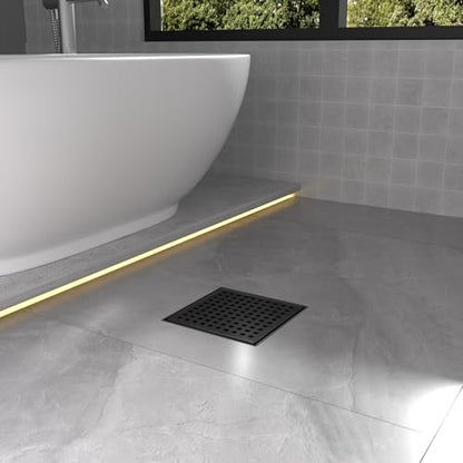 6 Inch Matte Black Square Shower Drain with Removable Grate | AISI 304 Stainless Steel Shower Drain, Shower Floor Drain with Hair Catcher & ABS Flange, Fits Bathroom & Balcony etc - color: Matte Black, size: 6 in