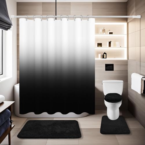 Shower Curtain Sets with Rugs and Adjustable Toilet Seat Cover | 4 Pcs Black Bathroom Sets with Shower Curtain and Rugs and Microfiber Toilet Lid Cover - color: Black