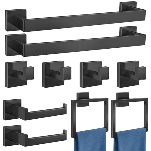 Gypie Bathroom Accessories Set 10-Piece Stainless Steel Modern Wall Mount Towel Racks for Bathroom 16In, Matte Black - color: Black 10 Piece, size: 16 Inch