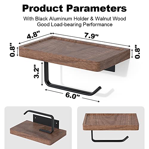 Toilet Paper Holder with Black Walnut Wood Shelf, Wall Mounted & Adhesive Mounted Wooden Shelf for Hanging Roll Tissue, Place Phone, Aromatherapy for Bathroom, Washroom - color: Walnut