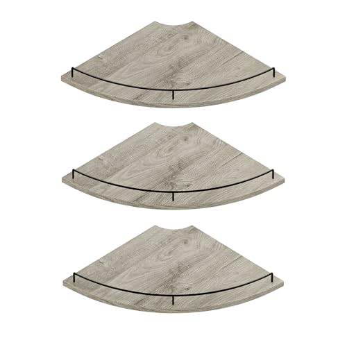 JJL Corner Shelf Wall Mounted, 12 Inches 3-Tier Floating Corner Shelf, Fan-Shaped Rustic Wood Decor with Fence, Gray Wood Grain Floating Shelves for Apartment Bedroom Kitchen Bathroom - color: Gray Wood, size: Fan 3-Tier