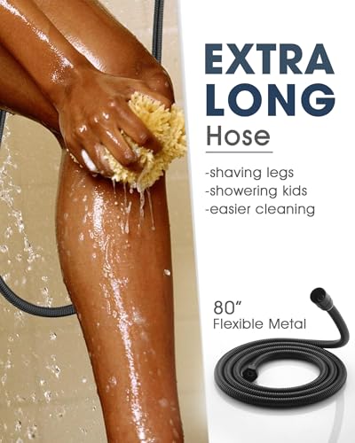 Handheld Shower Head with 6.56ft Extra Long Hose, On Off Switch 8-Seting High Preesure Hand Held Showerhead, Low-Reach Adhesive Holder for Kid, Disable& Elder (Matte Black) - color: Matte Black
