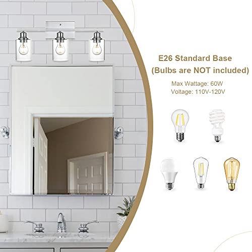 3 Light Wall Light Fixture with Clear Glass Shade Classic Bathroom Vanity Lighting Fixture in Chrome Finish Metal Wall Mounted Lamp for Powder Room Hallway - color: Chrome, size: 3 Light