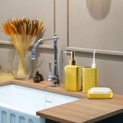 Jessie Bathroom Accessories Set, 3 or 4-Piece Ceramic Bathroom Accessory Set,Soap Dispenser,Toothbrush Holders Set,Tumbler,Soap Dish Embossed Matte Bathroom for Modern Bathrooms (Yellow 3-Piece Suit) - size: Yellow-3 Piece