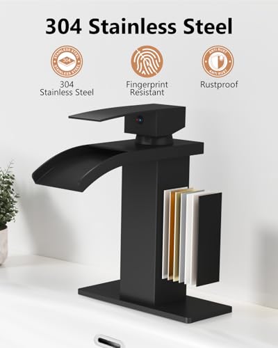 Matte Black Waterfall Bathroom Faucet 1-Handle Vanity Faucet | Stainless Steel Modern Bathroom Sink Faucet,Pop-Up Drain, Supply Lines 6-in Deck Plate, 1- or 3-Hole, NSF Certified - color: Black