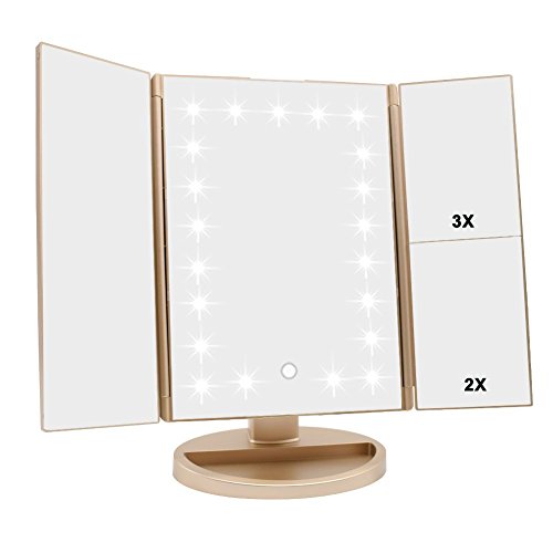 Flymiro Tri-fold Lighted Vanity Makeup Mirror with 3x/2x/1x Magnification, 21Leds Light and Touch Screen,180 Degree Free Rotation Countertop Cosmetic Mirror,Travel Makeup Mirror (Gold) - color: Gold