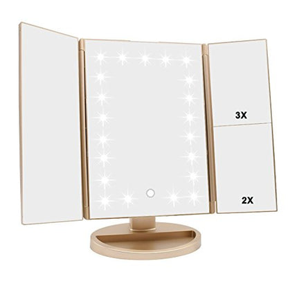 Flymiro Tri-fold Lighted Vanity Makeup Mirror with 3x/2x/1x Magnification, 21Leds Light and Touch Screen,180 Degree Free Rotation Countertop Cosmetic Mirror,Travel Makeup Mirror (Gold) - color: Gold