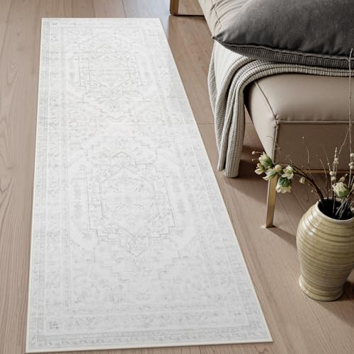 Uphome Boho Kitchen Runner Rug, 2x6 Washable Hallway Runner Rugs Non Slip, Soft Modern Entryway Carpet Runners Low Pile, Non Shedding Rug Runner for Laundry Bedroom Bathroom, Ash White - color: Ash White, size: 2'x6'