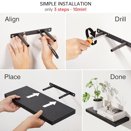 BAYKA Floating Shelves for Wall, Wall Mounted Rustic Wood Shelves for Bathroom, Bedroom, Living Room, Kitchen, Hanging Shelf for Books/Storage/Room Decor with 22lbs Capacity (Black, Set of 3, 15.7in) | Easy Install, Space Saving, Hidden Bracket, Wall Shel