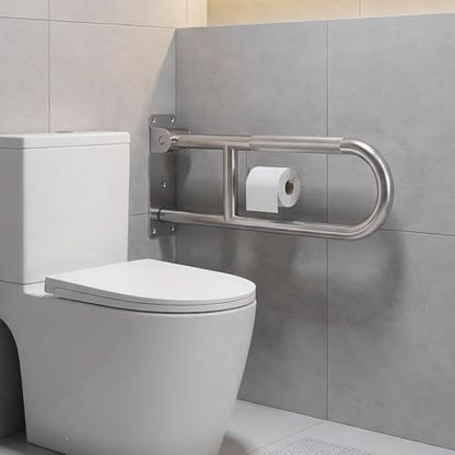 24'' Flip-Up Toliet Grab Bar with Paper Holder, Anti-Slip Knurled Grip | Stainless Steel U-shaped Wall Mounted Toilet Safety Rail, Designed for Seniors, Disabled & Post-surgery Bathroom Assistance - size: 24 Inch