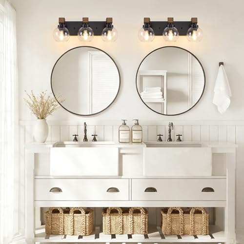 Farmhouse Bathroom Light Fixtures, 3-Light Rustic Wood Bathroom Lights Over Mirror with Glass Globe Shades, Matte Black Wall Mounted Lamp Vanity Lights for Bathroom Bedroom Living Room Cabinet - size: 3-Light
