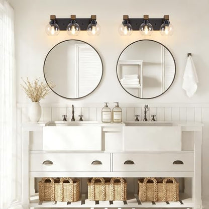 Farmhouse Bathroom Light Fixtures, 3-Light Rustic Wood Bathroom Lights Over Mirror with Glass Globe Shades, Matte Black Wall Mounted Lamp Vanity Lights for Bathroom Bedroom Living Room Cabinet - size: 3-Light