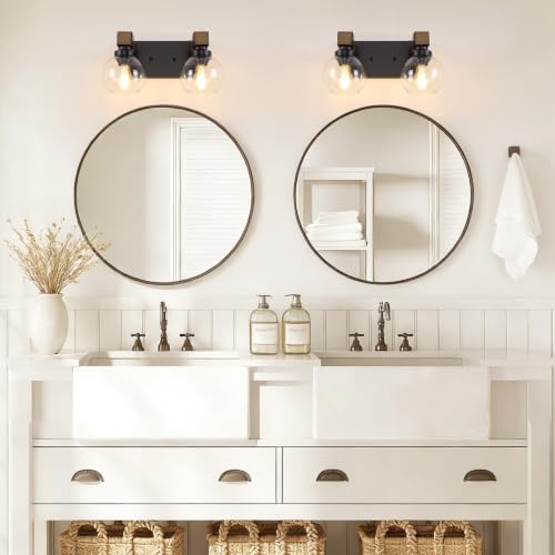 Farmhouse Bathroom Vanity Light, 2-Light Wood Bathroom Light Fixtures Over Mirror, Black Vanity Lighting Fixtures with Glass Shades, Rustic Bathroom Lighting for Living Room Bedroom Hallway - size: 2-Light