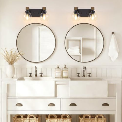 Farmhouse Bathroom Vanity Light, 2-Light Wood Bathroom Light Fixtures Over Mirror, Black Vanity Lighting Fixtures with Glass Shades, Rustic Bathroom Lighting for Living Room Bedroom Hallway - size: 2-Light
