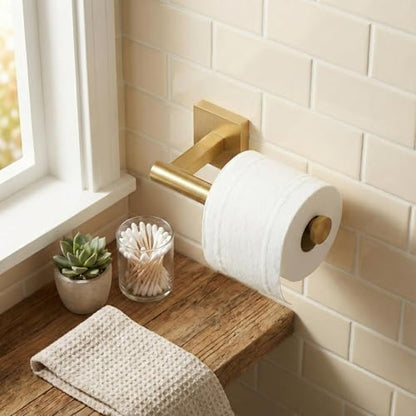 Wall-Mount Toilet Paper Holder, Open Arm, Brushed Gold | SUS304 stainless steel, screw mount, fits standard, large and mega rolls, concealed caps, mounting hardware included - color: Brushed Gold