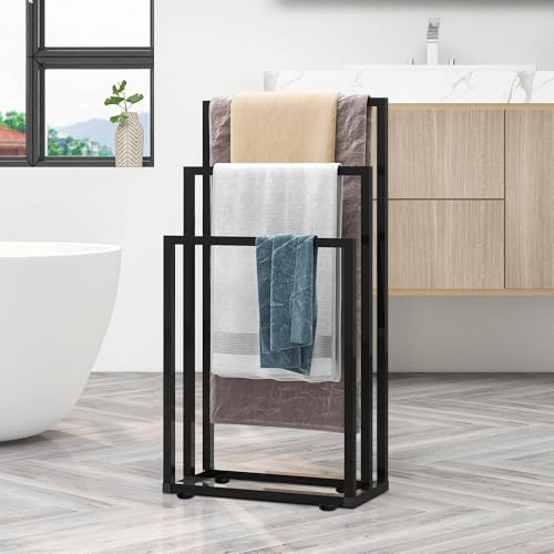 Metal Free Standing Towel Rack 3 Tiers Hand Towel Holder Organizer for Bathroom, Floor Outdoor Standing Towels Drying Rack for Poolside Black