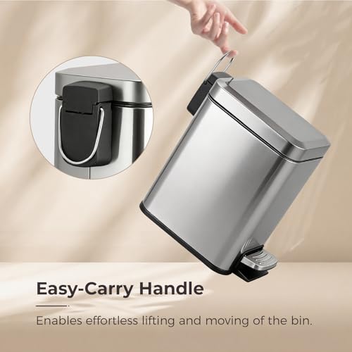 Sineng Bathroom Trash Can with Lid Soft Close, 1.6 Gallon Stainless Steel Small Pedal Garbage Can with Removable Inner Bucket, Waste Bin for Kitchen Bedroom, Compact Toilet Trash bin - color: stainless steel