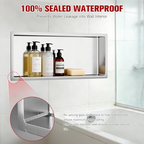 VELPAX No Tile Needed Shower Niche 30"X 12", Bathroom Wall Niche Single Shelf, Stainless Steel Shower Niche for Bathroom, Kitchens, Balconies - color: Silver, size: 30"X 12" Single Shelf