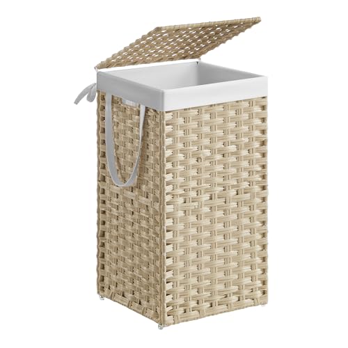SONGMICS Laundry Hamper with Lid, 17.2 Gallon (65L) Synthetic Rattan Clothes Laundry Basket with Lid and Handles, Foldable, Removable Liner, Summer Sand ULCB165LZ01 - color: Summer Sand, size: 65 L