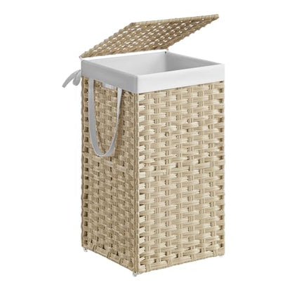 SONGMICS Laundry Hamper with Lid, 17.2 Gallon (65L) Synthetic Rattan Clothes Laundry Basket with Lid and Handles, Foldable, Removable Liner, Summer Sand ULCB165LZ01 - color: Summer Sand, size: 65 L