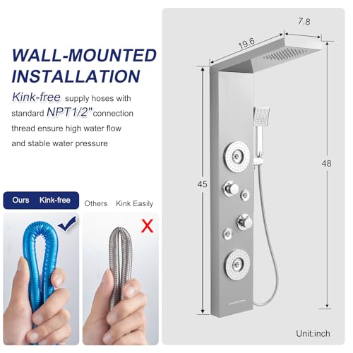 ROVATE 5 in 1 Rainfall Shower Panel Tower with Tub Spout, Brushed Finish | Stainless Steel Shower Column with 2-Setting Body Massage Jets, Flexible Handheld and Waterfall Tub Spout - color: Brushed Finish