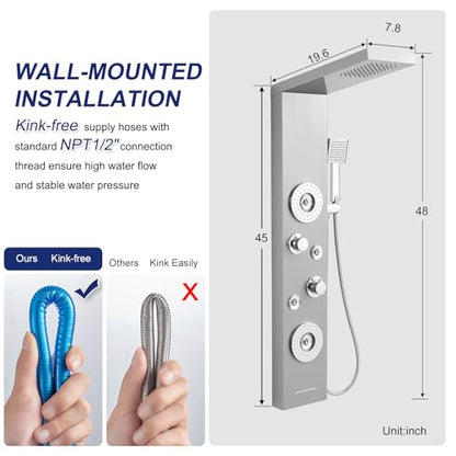 ROVATE 5 in 1 Rainfall Shower Panel Tower with Tub Spout, Brushed Finish | Stainless Steel Shower Column with 2-Setting Body Massage Jets, Flexible Handheld and Waterfall Tub Spout - color: Brushed Finish