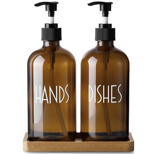 ALELION Amber Dlass Soap Dispenser for Kitchen - 16 OZ Hand and Dish Soap Dispenser Set with Acacia Wood Tray - for Kitchen Decor and Accessories - color: Amber