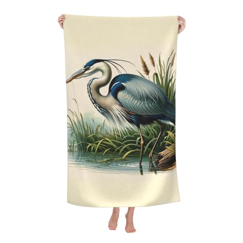 Retro Blue Heron Beach Towel, 32x52in Microfiber Quick Dry Nature Bird Vintage Bath Towels, Soft Lightweight Oversized Sand Free, for Travel Pool Swimming Gym Decor, Gifts - color: Heron