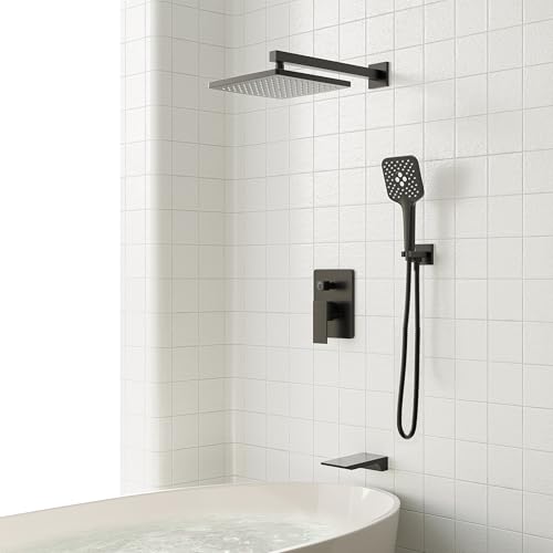Gabrylly Shower System with Tub Spout, Wall Mounted Tub Shower Faucet Set for Bathroom with High Pressure 10" Rain Shower head and 3-Setting Handheld Shower Head Set,Matte Black - color: matte black 01