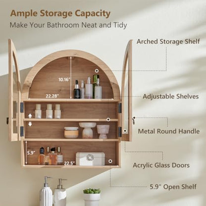 IFGET Bathroom Arched Wall Cabinet, 23.6'' Wide Medicine Cabinet with Adjustable Shelves & Glass Doors, Over The Toilet Storage Wall Mount Cabinet for Laundry Room, Kitchen & Living Room, Natural Oak - color: Natural Oak