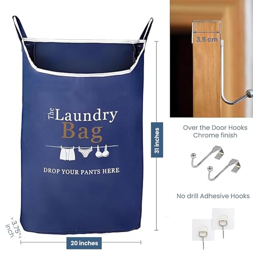 Fine Living Co. Large Hanging Laundry Hamper with Over Door Hooks & Adhesive, Durable Space Saving Laundry Bag with Zipper and Wide Open Top, Hanging Dorm Laundry Hamper (Navy Blue with Print-XL) | Hanging Dorm Laundry Hamper with Over Door Hooks & Adhesi