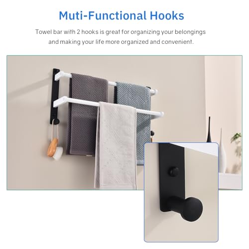 Bathroom Double Towel Rack with Hooks, 18-Inch Towel Bar - Stainless Steel Wall Mounted Towel Holder, White & Black - color: Black & White, size: 18-Inch