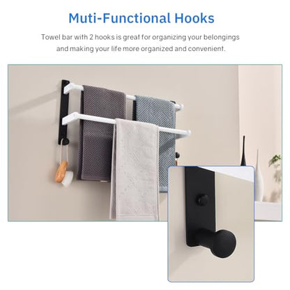 Bathroom Double Towel Rack with Hooks, 18-Inch Towel Bar - Stainless Steel Wall Mounted Towel Holder, White & Black - color: Black & White, size: 18-Inch