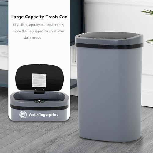 13 Gallon/50 L Kitchen Trash Can with Lid, Garbage Can with Touch-Free Lid, Cute Automatic Trash Can Bathroom Trash Bin, Motion Sensor Waterproof Trash Bin - color: Gray, size: 1 Trash Can