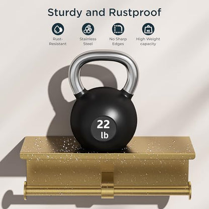 FORIOUS Toilet Paper Holder with Shelf, Commercial Toilet Paper Dispensers | Brushed Gold | Wall Mount Bathroom Tissue Holder | SUS304 Stainless Steel Rustproof | Double Tissue Roll Holder - color: Brushed Gold