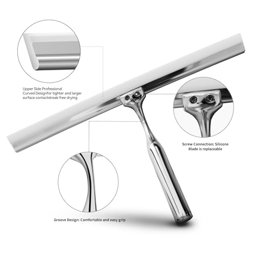 Shower Squeegees Stainless Steel with Self Adhesive Hook Window Squeegees for Shower Doors Bathroom Mirror Wiper, Window Glass Cleaning - size: 12 Inches