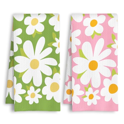 Daisy Floral Kitchen Towels, 70s Retro Green and Pink Flower Dish Tea Towels, Rustic Cottagecore Botanical Hand Towel for Bathroom Kitchen, 16x24 Inches Set of 2 - color: Green and Pink Daisy Floral